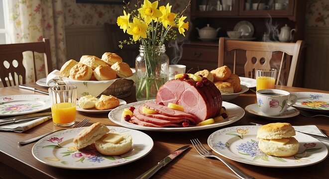 Delicious Easter Brunch Feast with Sliced Ham and Fresh Biscuits.
