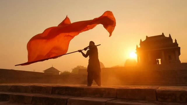 Silhouette of a Person Holding a Large Saffron Flag During Sunset at Historic Monuments