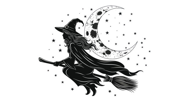Silhouette of a witch flying on a broomstick against a crescent moon and starry sky.
