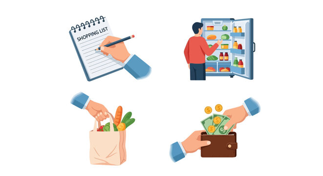 Home Management Activities: Creating Shopping List, Bagging Groceries, and Paying with Cash, Isolated White Background