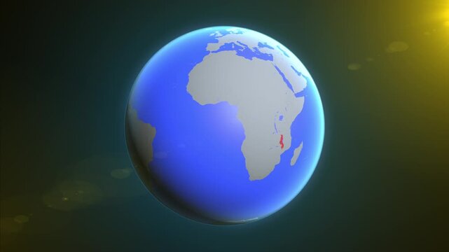 The animation shows a graphic representation of the earth and highlights the location and map of Malawi colored red.