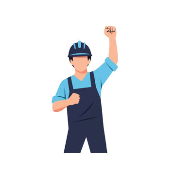 Young man wearing overalls and helmet.