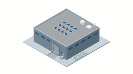 Modern industrial building with a flat roof and numerous windows, showcased in an isometric perspective