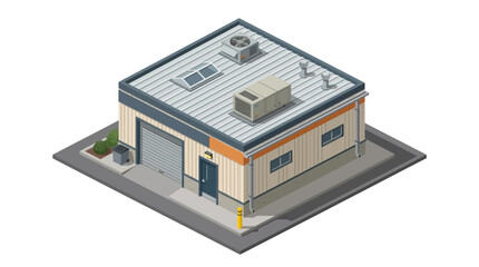 Isometric view of a small commercial building with a garage door and rooftop unit