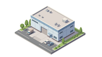 Modern industrial warehouse building with delivery trucks and cars in a suburban setting, isometric view illustration