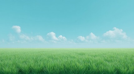 Fototapeta premium Lush Green Grassland Under Bright Blue Sky with Fluffy White Clouds on a Calm Day in Nature's Serenity