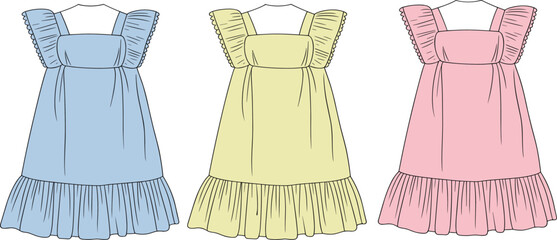 Three pastel-colored dresses with ruffled sleeves and tiered skirts in blue, yellow, and pink