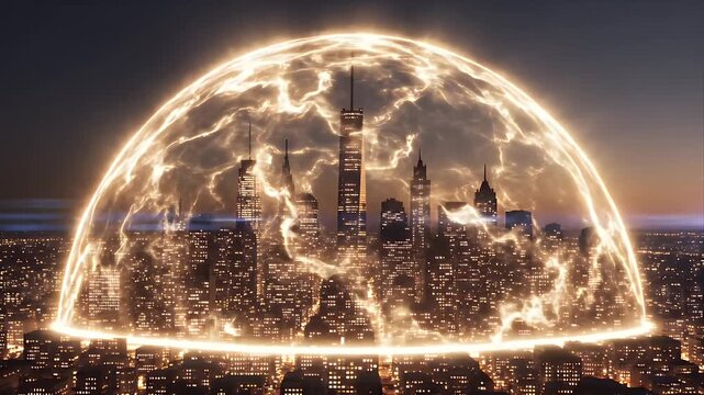 Abstract Golden Energy Shield Protects City Skyline at Night Dynamic Electrical Storm Effect Highlighting Skyscraper Architecture Corporate Technology Concept