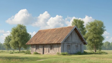 Obraz premium Charming Rustic Wooden House Surrounded by Green Trees and Lush Grass Under a Clear Blue Sky with Fluffy Clouds