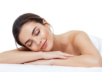 Fototapeta premium A serene young woman with smooth skin resting her head on her folded hands during a spa treatment