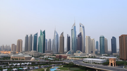 Naklejka premium View on skyscrapers in Doha downtown, Qatar, Persian Gulf, Arabian Peninsula. Financial centre in Doha - capital and most populous city in Qatar, Middle East