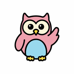 Obraz premium Cute Pink Owl Cartoon Character Waving Hello with a Friendly Expression.