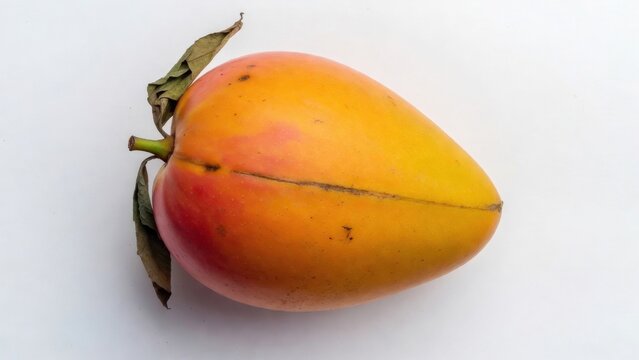 Heart-shaped tropical caimito fruit with leaf on white background.
