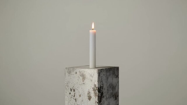 Minimalist White Candle Burning Brightly on Textured Concrete Block Against a Neutral Backdrop