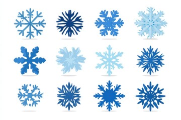 Collection of Twelve Different Blue Snowflake Designs on White Background