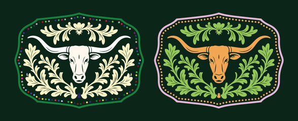 Naklejka premium longhorn bull western belt buckle emblem with floral ornament frame, wild west cowboy rodeo label badge design, vintage ranch style gold and green decorative silhouette vector illustration.