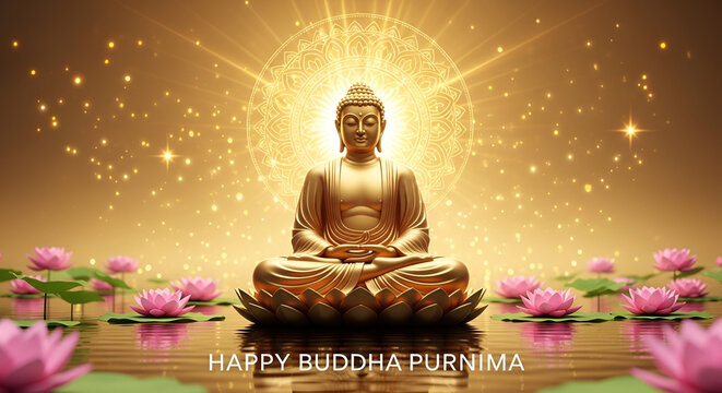Buddha Purnima divine golden meditation scene with peaceful Buddha statue on lotus surrounded by glowing light symbol of enlightenment wisdom Mahavir jayanti