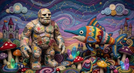 Fototapeta premium Colorful Fantasy Scene Featuring Crocheted Fish & Patchwork Giant Amidst Mushroom Forest Under Starry Sky