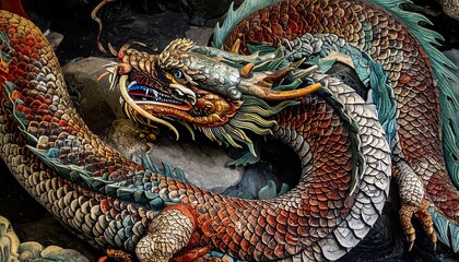 Obraz premium Intricate Dragon Sculpture - A Detailed Close-Up of Mythical Art.