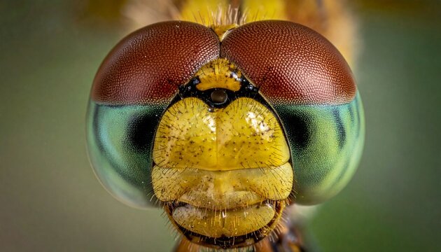 Intricate Close-Up of a Dragonflys Compound Eyes and Facial Structure.