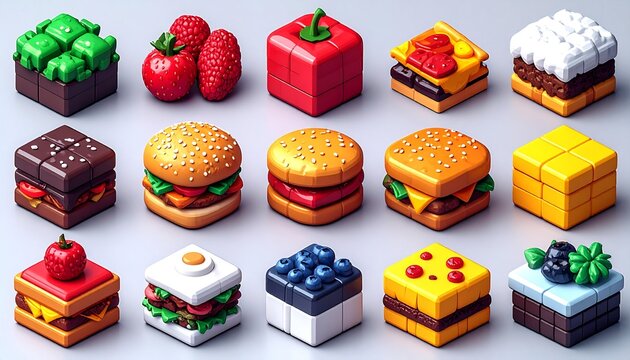 Isometric Food Cubes - A Playful Culinary Collection in 3D.