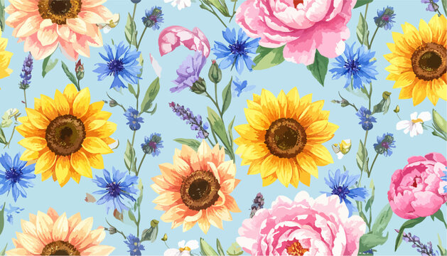 Watercolor floral seamless pattern with sunflowers peonies cornflowers and lavender on blue background