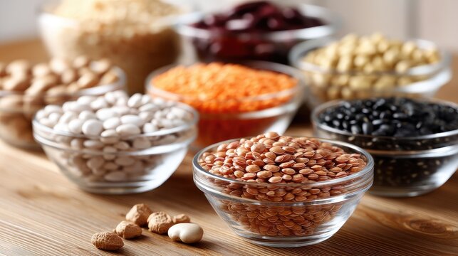 Assorted Variety of Colorful Nuts and Grains Displayed in Clear Glass Bowls on a Wooden Surface