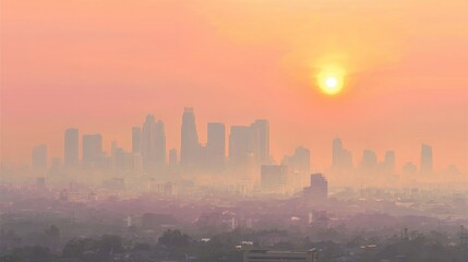 Obraz premium Serene Sunrise Over Urban Skyline with Misty Haze and Soft Sunlight Filling the Horizon in a Peaceful Cityscape