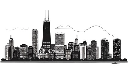 Obraz premium A black and white skyline of a cityscape. A central, tall structure dominates the buildings along the waterfront