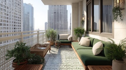 Fototapeta premium Modern urban balcony with green seating, potted plants, and city skyline view in daylight, perfect for relaxation and outdoor living experiences