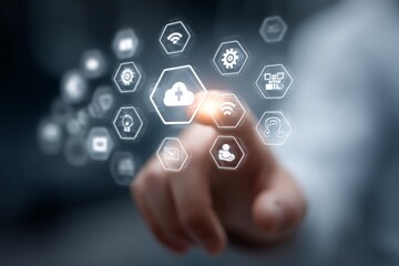 Fototapeta premium Digital Service Management Concept with Technology Icons on Touchscreen Interface for Business Solutions and Customer Experience Enhancement
