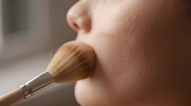 Close-up of a makeup artist applying powder foundation to a woman's cheek with a soft brush, highlighting beauty routine and cosmetic application