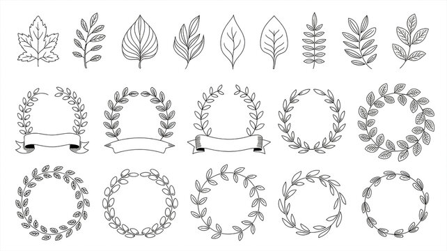 Vintage gold laurel wreath set featuring floral leaf frames and crown award ornaments for elegant vector design decoration