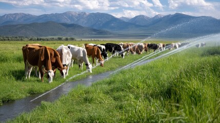 Cows Grazing in Lush Green Pasture with Mountain Landscape and Irrigation Sprinklers in Background under Bright Blue Sky © SETSU ST
