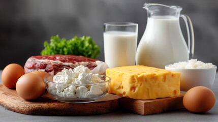 Fresh Dairy and Meat Products on Wooden Board with Vegetables and Eggs for Healthy Nutrition and Cooking Inspiration