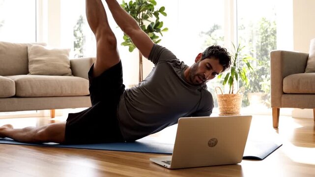 Man doing side plank exercise at home.