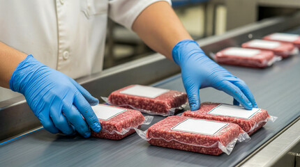 Worker handling packed ground meat on conveyor belt