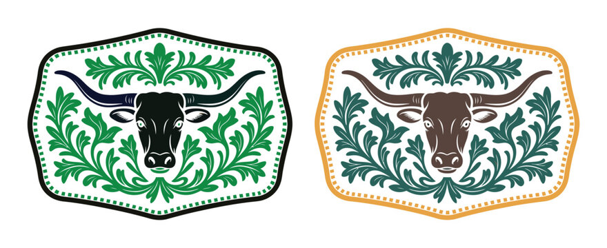 longhorn bull skull western belt buckle emblem with ornamental floral frame, wild west cowboy rodeo ranch badge label design, vintage green and gold decorative silhouette vector illustration.