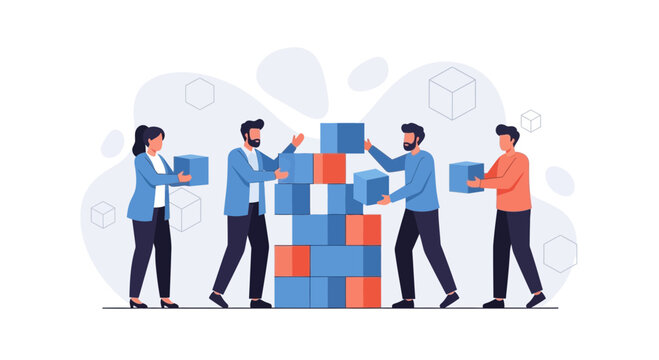 Teamwork building blocks, business people collaborating, project construction, strategy, success