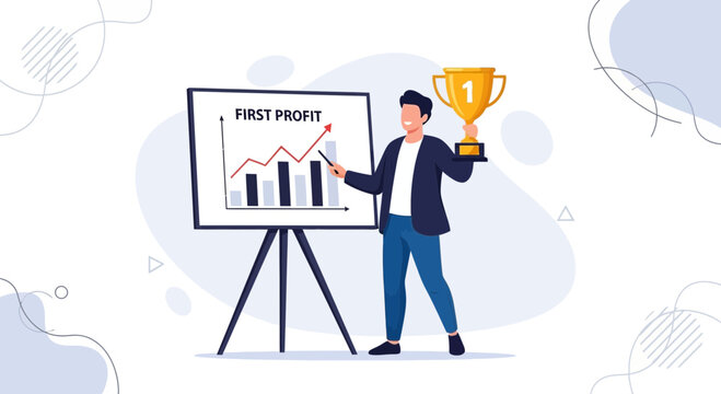 Businessman celebrating first profit with trophy and growth chart presentation