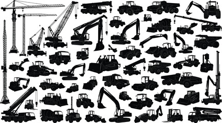 Heavy construction machinery silhouettes collection, excavators, cranes, dump trucks and industrial equipment vehicles icons isolated on white background © ASIK HASAN