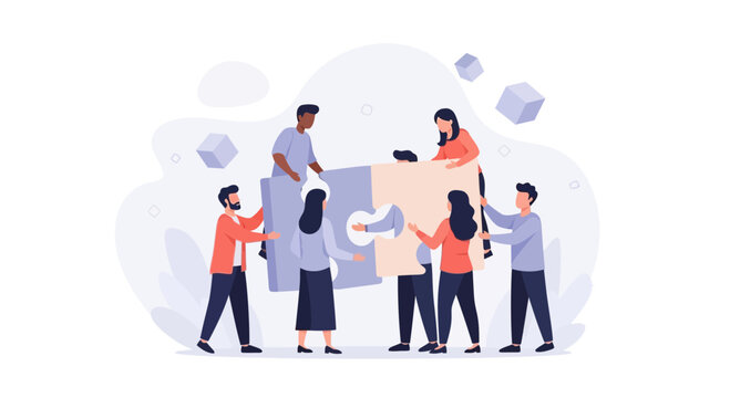 Teamwork and Collaboration: People assembling a puzzle, symbolizing unity and problem-solving