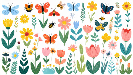 Colorful meadow and garden flowers with butterflies bees and ladybugs decorative botanical flat vector illustration set isolated © Mehg
