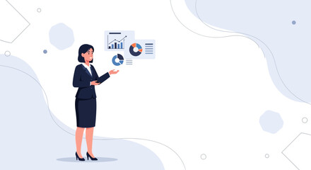Obraz premium Businesswoman presenting financial charts and graphs, data analysis, strategy