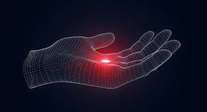 A glowing red light emanates from the palm of a futuristic wireframe hand