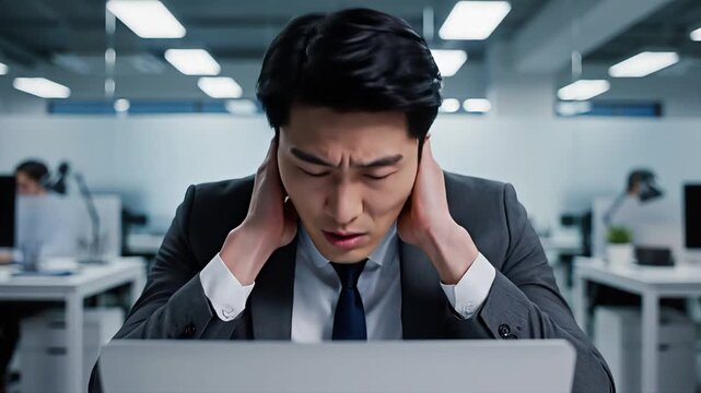 Stressed Asian Businessman Feeling Frustrated and Overwhelmed in the Office