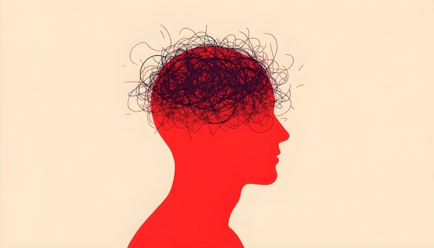 Red silhouette of a person with a tangled mess of black lines representing a confused or anxious mind on a beige background in a thought provoking illustration