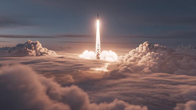 Cinematic CGI of a Rocket Launch Ascending Through Clouds at Dusk with Bright Engine Flare and Reflective Surface Below for Global Awareness and Corporate Themes