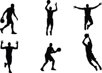 Dynamic black silhouettes of basketball players in action poses including dribbling, shooting, dunking, defending, and jumping  © boishakhisarker