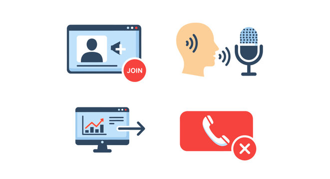 Online communication elements depicting a person joining a video call, a speaking icon with a microphone, and a call declined or ended icon, isolated white background.